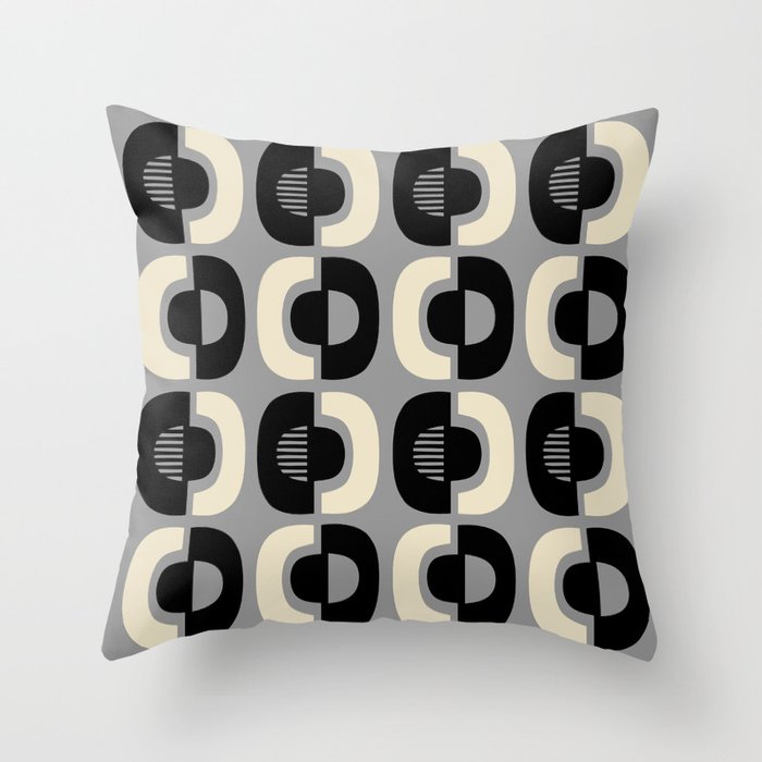 Retro Mid Century Modern Pattern 115 Black Gray and Beige Throw Pillow