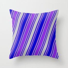 [ Thumbnail: Grey, Blue & Purple Colored Stripes Pattern Throw Pillow ]