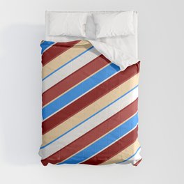 [ Thumbnail: Maroon, Brown, Tan, Blue & White Colored Striped Pattern Comforter ]