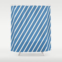 [ Thumbnail: Bisque, Blue, and White Colored Lined/Striped Pattern Shower Curtain ]