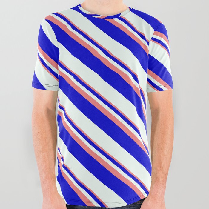 Light Coral, Blue, and Mint Cream Colored Striped Pattern All Over Graphic Tee