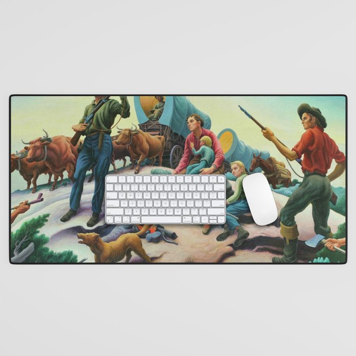 Missouri Settlers meeting Native American's on the Great Plains landscape painting by Thomas Hart Benton Desk Mat