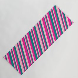 [ Thumbnail: Pink, Deep Pink, and Teal Colored Striped Pattern Yoga Mat ]