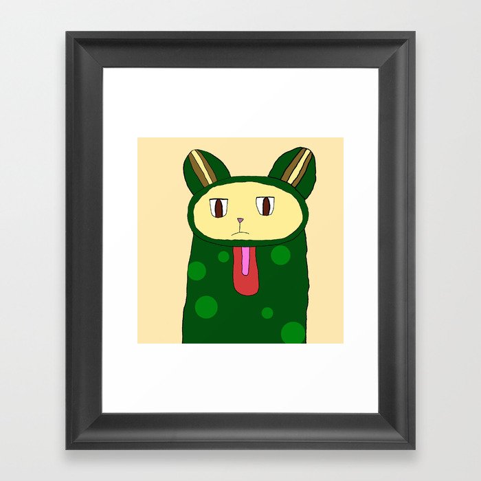 Ramen the Stubborn Yellow Cat in a Green Frog Costume Framed Art Print