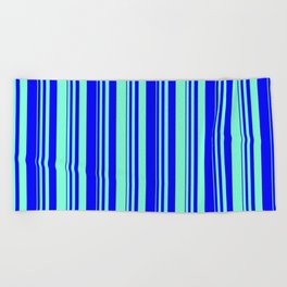 [ Thumbnail: Blue & Aquamarine Colored Striped Pattern Beach Towel ]