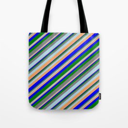 [ Thumbnail: Colorful Blue, Green, Grey, Light Blue, and Brown Colored Stripes Pattern Tote Bag ]