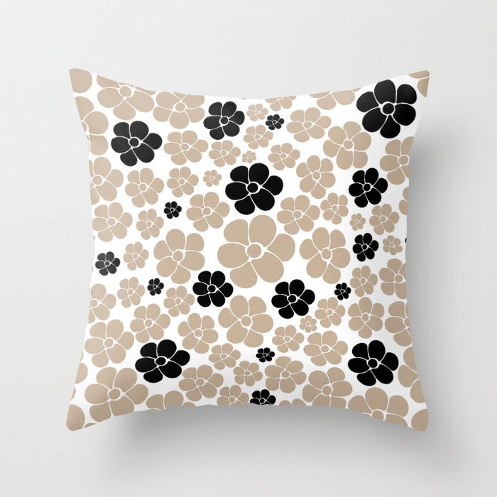 Flower Pattern - Taupe, Black and White Throw Pillow