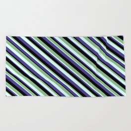 [ Thumbnail: Dark Sea Green, Light Cyan, Dark Slate Blue, and Black Colored Pattern of Stripes Beach Towel ]