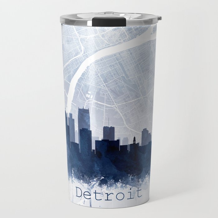 Detroit Skyline & Map Watercolor Navy Blue, Print by Zouzounio Art Travel Mug