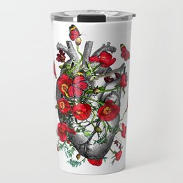 Human heart anatomy with beautiful butterflies and red anemones, floral art of human heart illustration Travel Mug