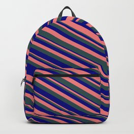 [ Thumbnail: Light Coral, Dark Slate Gray & Blue Colored Striped/Lined Pattern Backpack ]