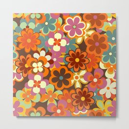 Colorful Floral vintage Seamless Pattern. Retro 70s Style Nostalgic Fashion Textile Bold Background. Summer Resort design. Daisies. Flower Power Metal Print | 1960S, Seamless, Graphic, Colorful, Seventies, 70S, Vintage, Drawing, Print, Background 