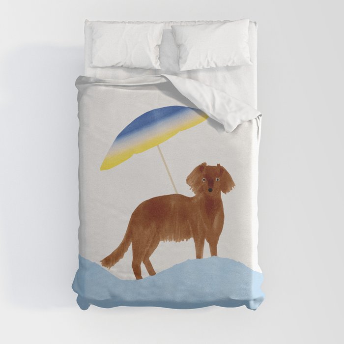 Dog  and a Beach Parasol - Brown  Duvet Cover