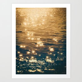 Sparkling Ocean in Gold and Navy Blue Art Print