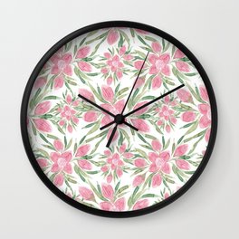 Summer Pink Green Watercolor Blooming Flowers Wall Clock