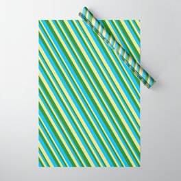 [ Thumbnail: Deep Sky Blue, Tan & Forest Green Colored Striped Pattern Wrapping Paper ]