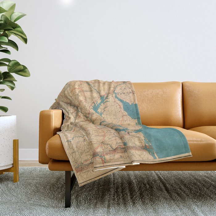 Vintage Map of Virginia and The Chesapeake Bay (1862) Throw Blanket