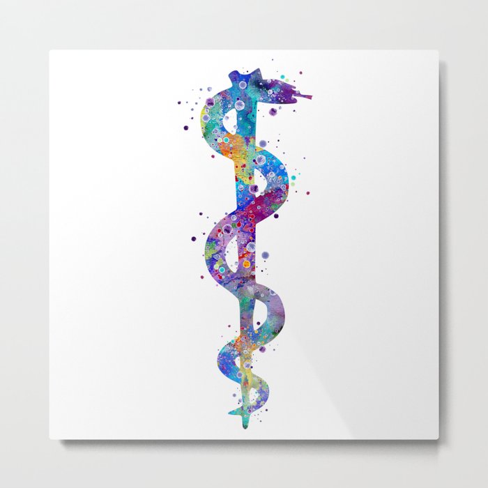 Rod of Asclepius Pharmacy Art Colorful Watercolor Metal Print