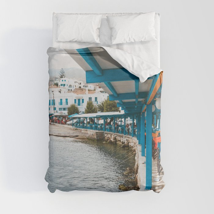Greek Viewpoint full of Color | Beautiful Town in the Greek Islands | Harbor with Boats and White Houses | Travel Photography in Europe Duvet Cover