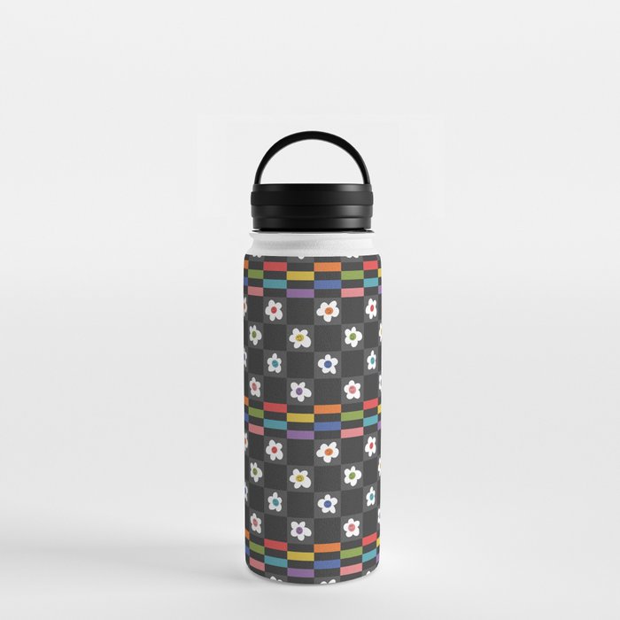 Rainbow Smileyface Checkerboard Pattern on black Water Bottle