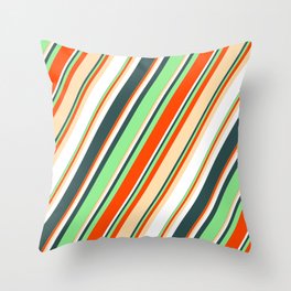 [ Thumbnail: Light Green, Red, Tan, White, and Dark Slate Gray Colored Striped Pattern Throw Pillow ]