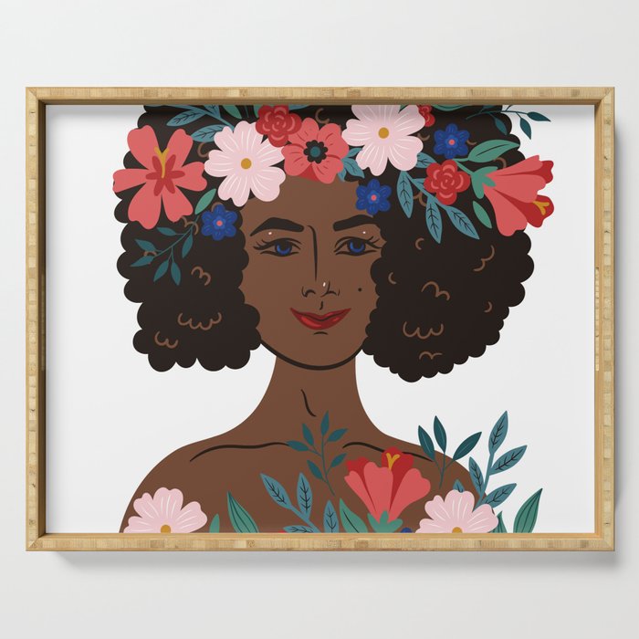 Portrait of a flowery woman Serving Tray