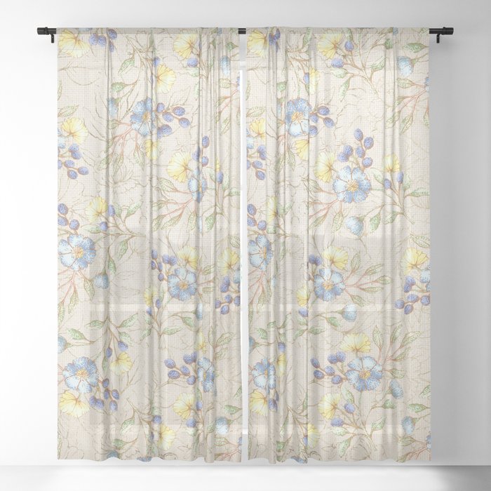 Vintage ivory linen blue yellow gold floral pattern Sheer Curtain