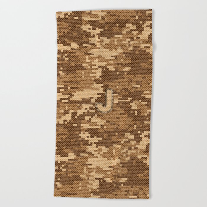 Personalized  J Letter on Brown Military Camouflage Army Commando Design, Veterans Day Gift / Valentine Gift / Military Anniversary Gift / Army Commando Birthday Gift  Beach Towel