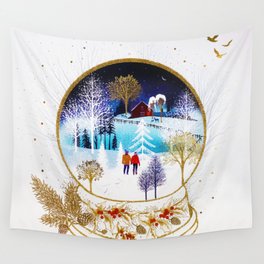 Gold Winter Eve Couple Snowglobe Forest Home Wall Tapestry