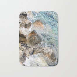 Beautiful Rocky Shore Near Agios Nikolaus, Crete, Europe Bath Mat | Landscape, Stone, Shore, Seafoam, Color, Digital, Basalt, Crashing, Azure, Turquiose 