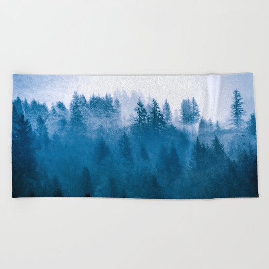 Blue Winter Day Foggy Trees Beach Towel