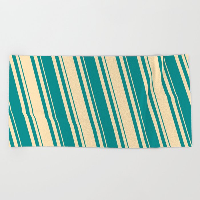 Beige & Dark Cyan Colored Lines/Stripes Pattern Beach Towel