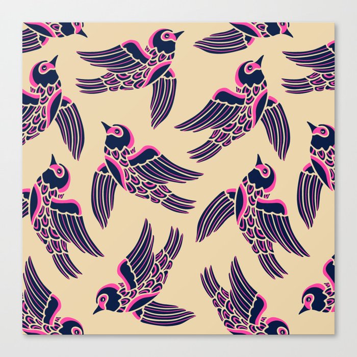 BIRDS FLYING HIGHER in DARK BLUE AND PINK ON SAND Canvas Print