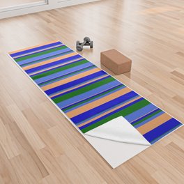 [ Thumbnail: Brown, Blue, Dark Green, and Royal Blue Colored Lines Pattern Yoga Towel ]