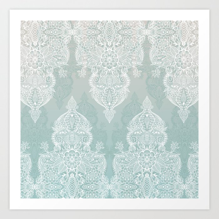 Lace & Shadows - soft sage grey & white Moroccan doodle Art Print
