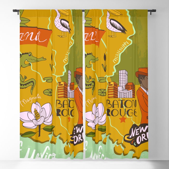 Illustrated map of Louisiana, USA. Travel and attractions Blackout Curtain