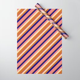 [ Thumbnail: Blue, Light Coral, Tan & Chocolate Colored Lined/Striped Pattern Wrapping Paper ]