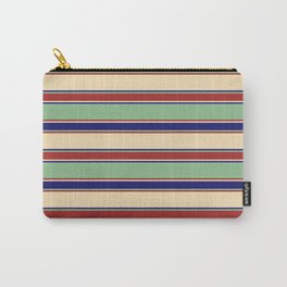 [ Thumbnail: Tan, Midnight Blue, Dark Sea Green & Brown Colored Striped/Lined Pattern Carry-All Pouch ]