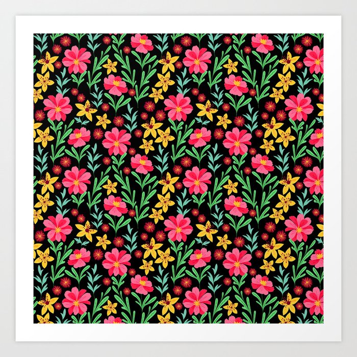 Red-Pink And Yellow Floral And Leaves Pattern Art Print