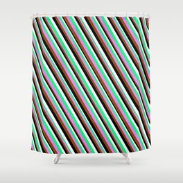 [ Thumbnail: Colorful Green, Violet, Brown, Black & White Colored Stripes Pattern Shower Curtain ]