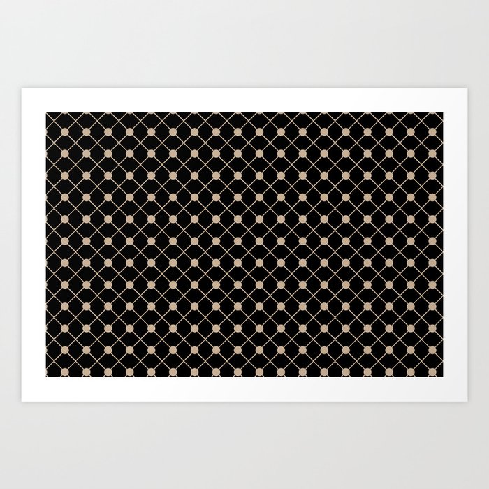 Pantone Hazelnut Thin Line Stripe Grid (Pinstripe) and Polka Dots on Black Art Print