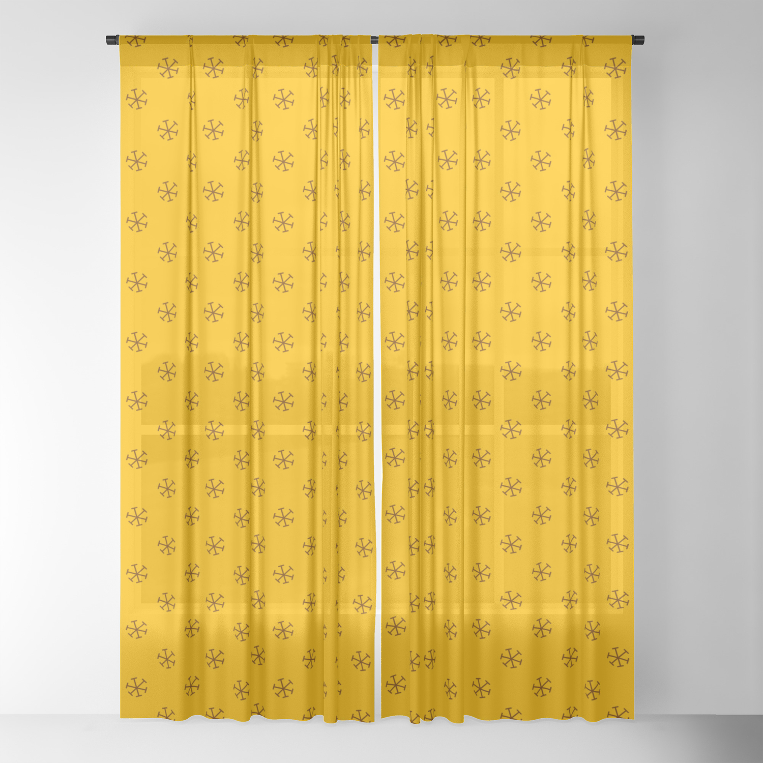 Chocolate Brown On Amber Orange Snowflakes Sheer Curtain By