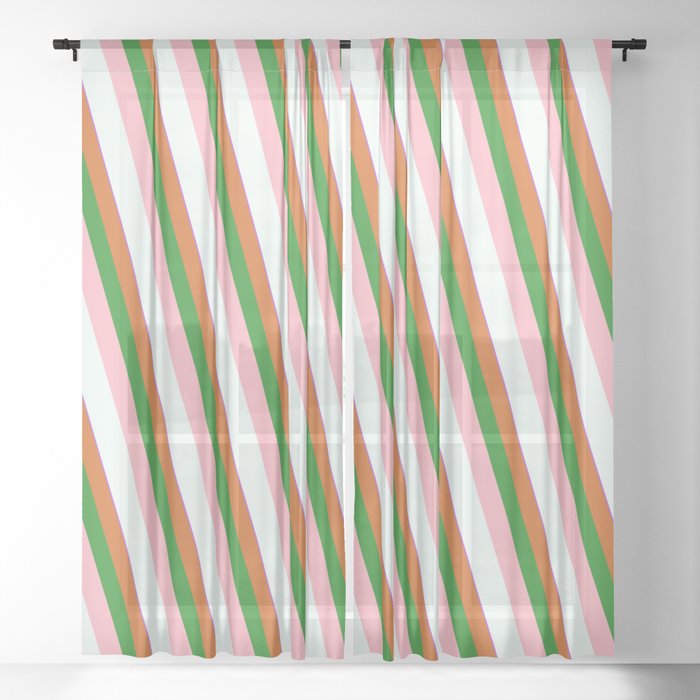 Orchid, Chocolate, Forest Green, Light Pink & Mint Cream Colored Striped/Lined Pattern Sheer Curtain