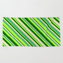 [ Thumbnail: Light Green, Dark Green, Pale Goldenrod & Sea Green Colored Lines Pattern Beach Towel ]