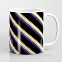 [ Thumbnail: Vibrant Dark Goldenrod, Light Cyan, Brown, Midnight Blue & Black Colored Stripes/Lines Pattern Coffee Mug ]