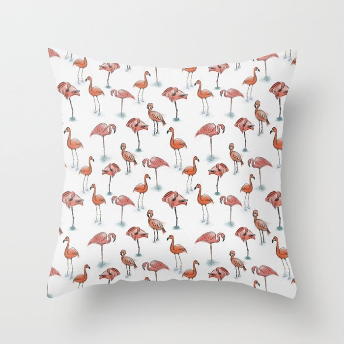 Watercolor and ink flamingo flock sketches Throw Pillow