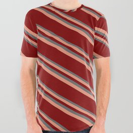 [ Thumbnail: Dim Gray, Dark Salmon, and Maroon Colored Striped Pattern All Over Graphic Tee ]