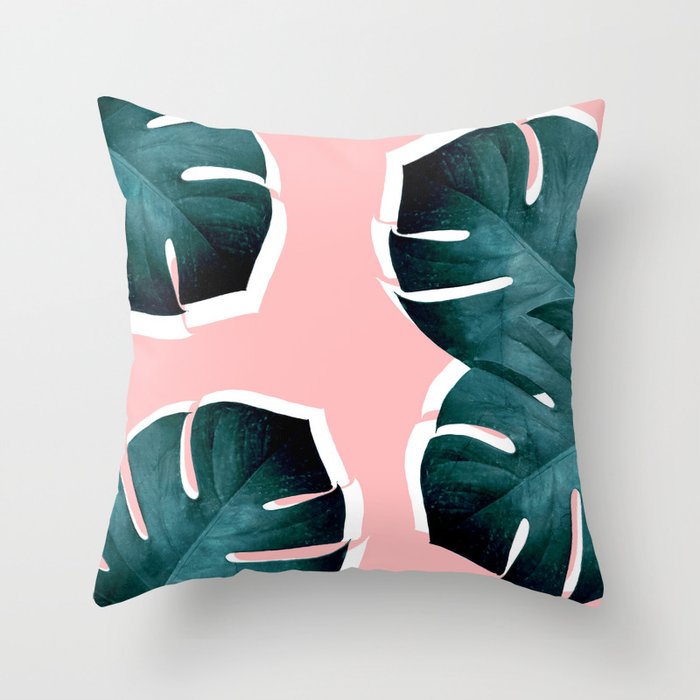Monstera Leaves on Pink Throw Pillow