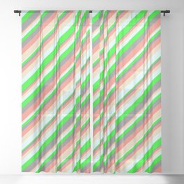 [ Thumbnail: Vibrant Gray, Salmon, Tan, Light Cyan & Lime Colored Striped Pattern Sheer Curtain ]