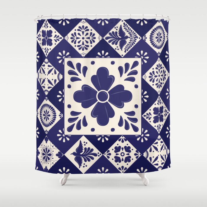 Mexican Blue Flower Talavera Mosaic Pattern Shower Curtain